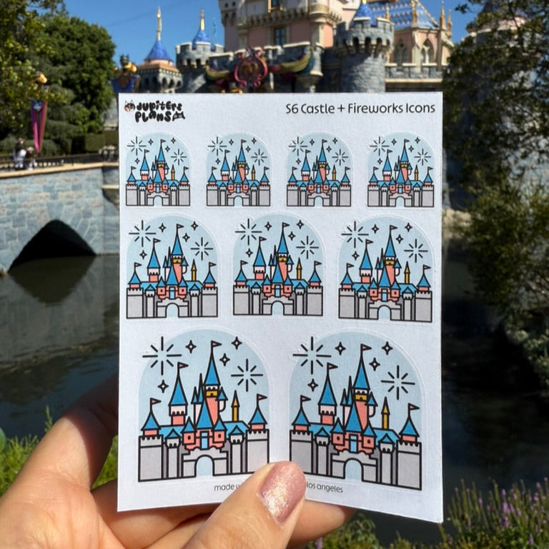 Disney Castle + Fireworks Icon Stickers for Planners, Scrapbooks | Cute Stickers for Disneyland 70th Anniversary Sleeping Beauty Castle