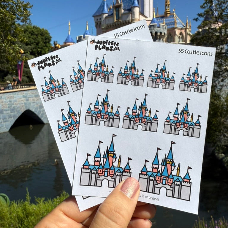 Disney Castle Sticker Sheets | Cute Doodle Icon Planner Stickers for Disneyland 70th Anniversary, Sleeping Beauty Castle Journal, Scrapbook
