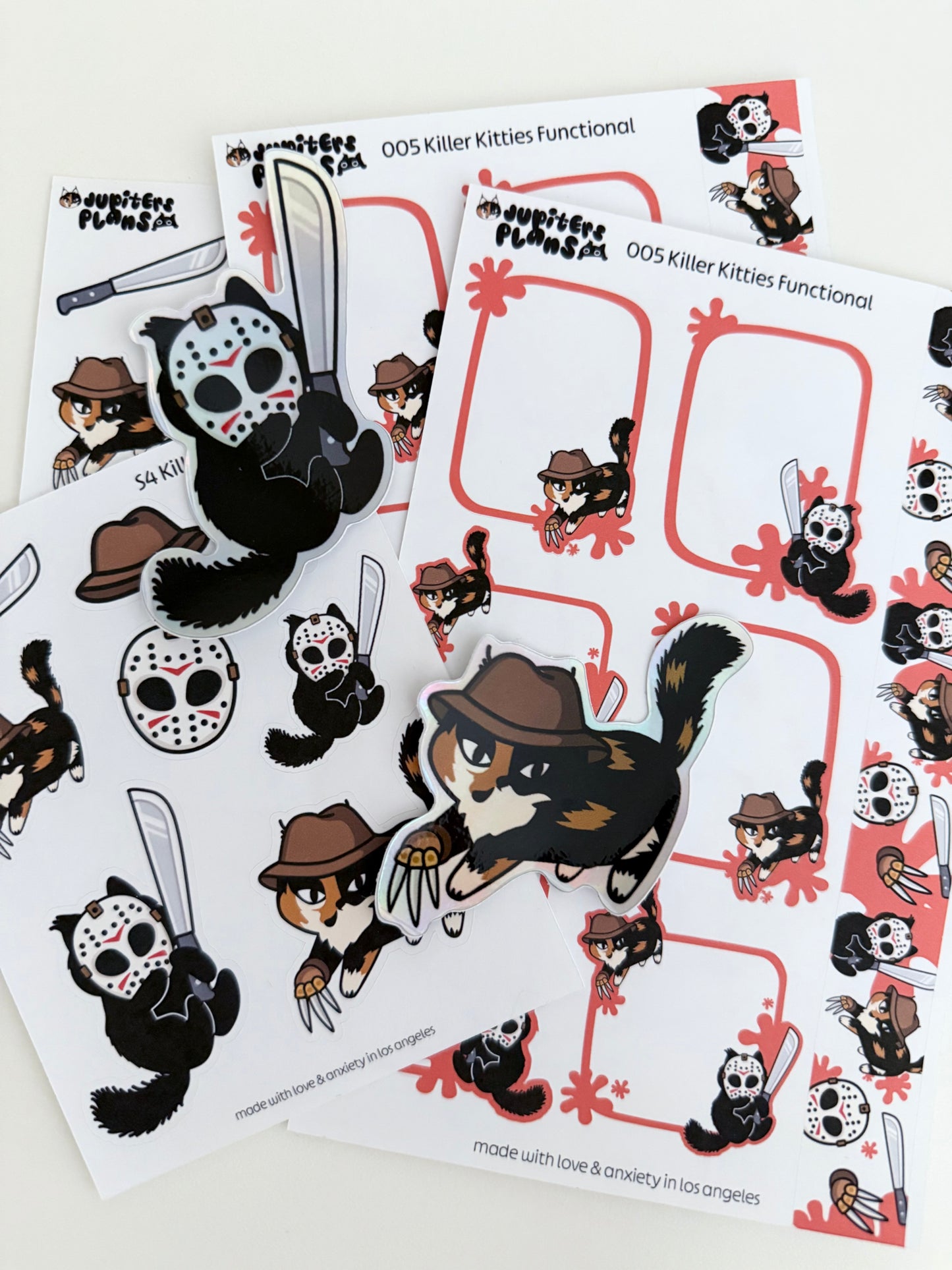 Killer Kitties Holographic Vinyl Stickers | Stickers w/ Freddy & Jason Cats | Cute Halloween Stickers for Spooky Season Fans