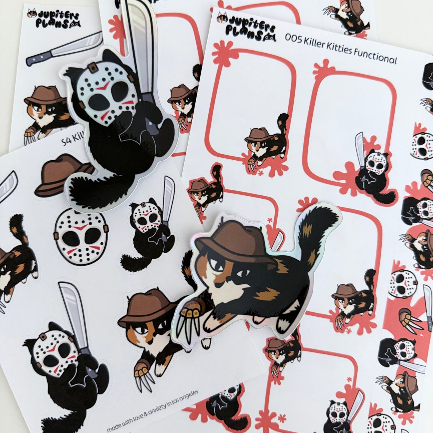 Killer Kitties Decorative Sticker Sheet | Summerween Halloween Cat Stickers for Planners, Journals | Freddy Krueger Jason Voorhees Friday the 13th