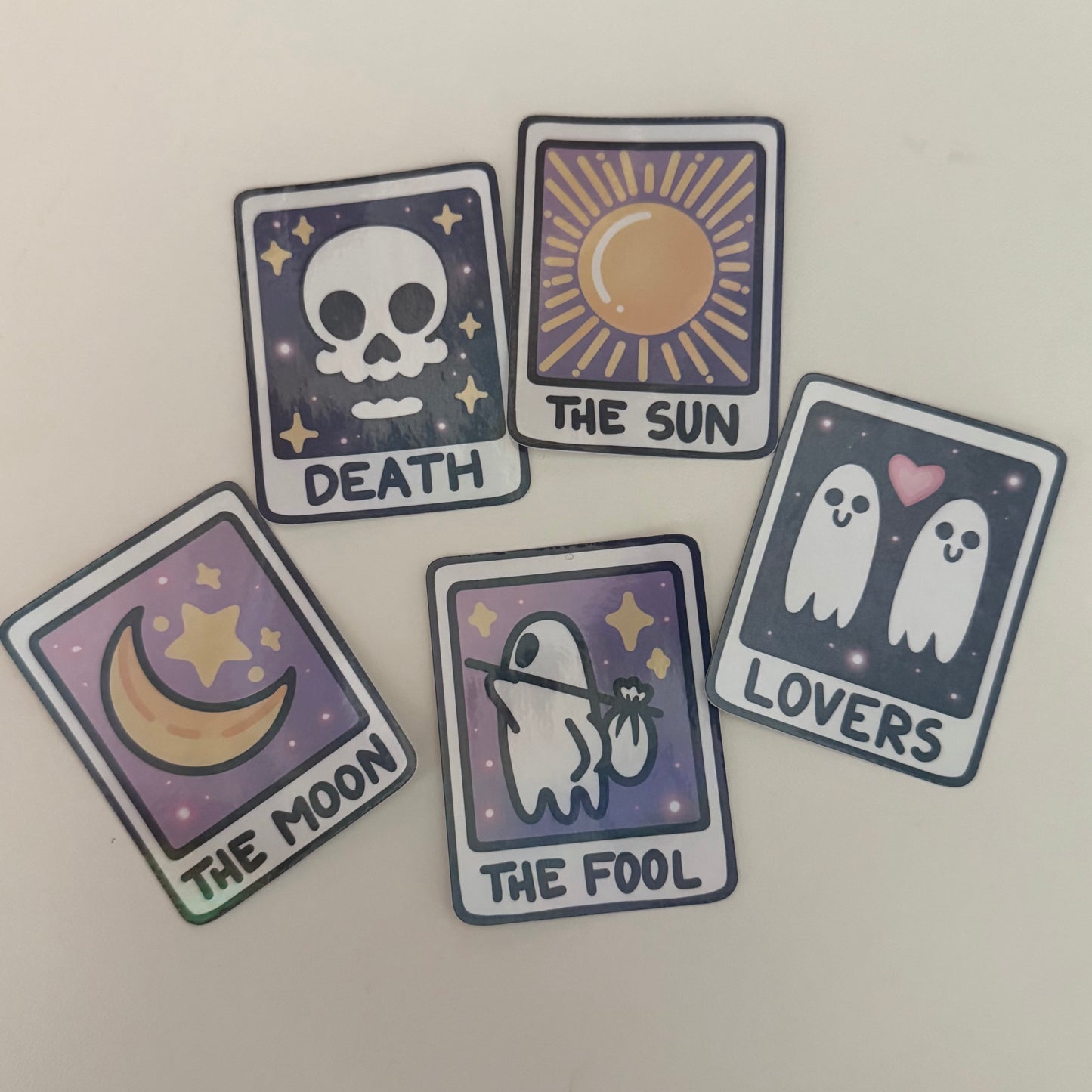 Kawaii Tarot Holographic Die Cut Stickers | The Fool, Lovers, Sun, Moon, Death Tarot Cards