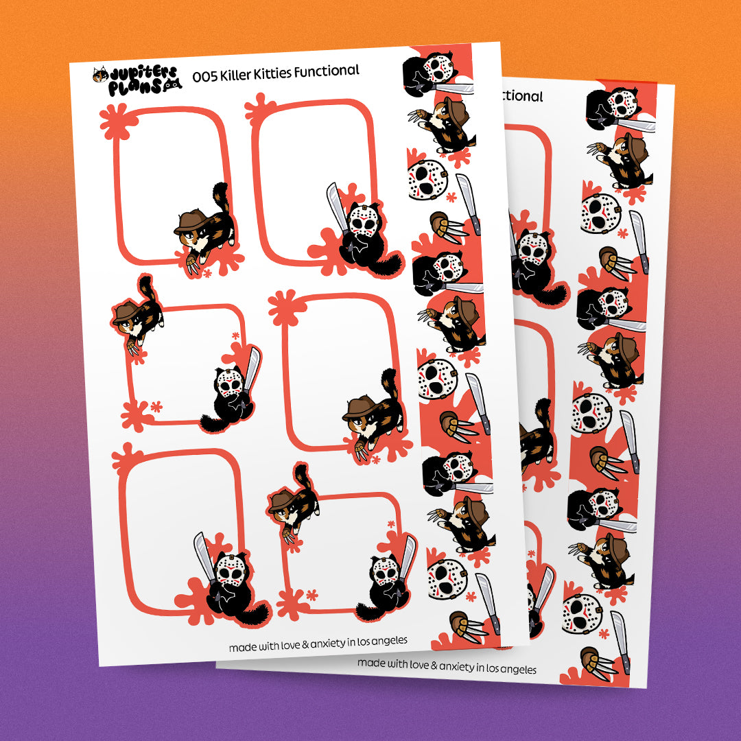 Killer Kitties Buy All Bundle - Freddy & Jason Cats – Halloween Cute Horror Movie Stickers for Spooky Season Fans
