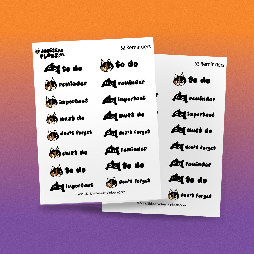 Reminder Stickers for Planners | To Do, Important, Don't Forget | Jupiter + Midnight Cute Quirky Sassy Cat Planner Stickers in 2 Sizes