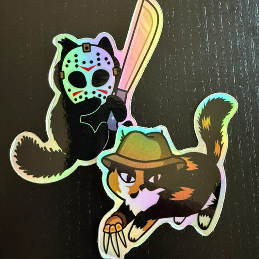 Killer Kitties Holographic Vinyl Stickers | Stickers w/ Freddy & Jason Cats | Cute Halloween Stickers for Spooky Season Fans