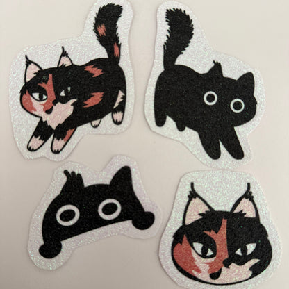 Jupiter + Midnight Sassy Cute Cats Die Cut Glitter Sticker | Calico Cat Black Cat