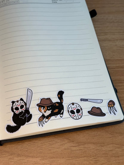 Killer Kitties Decorative Sticker Sheet | Summerween Halloween Cat Stickers for Planners, Journals | Freddy Krueger Jason Voorhees Friday the 13th