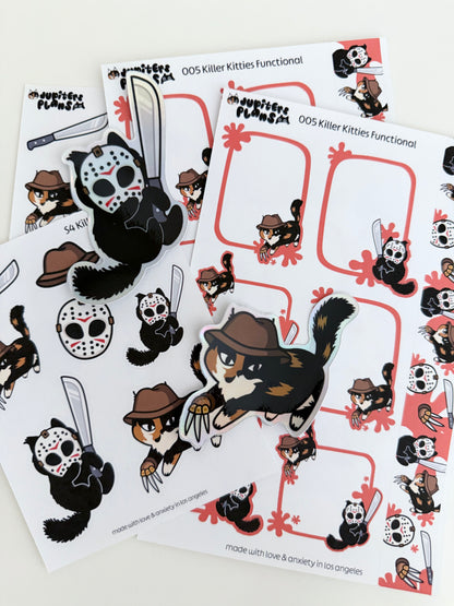Killer Kitties Holographic Vinyl Stickers | Stickers w/ Freddy & Jason Cats | Cute Halloween Stickers for Spooky Season Fans