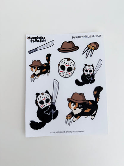 Killer Kitties Decorative Sticker Sheet | Summerween Halloween Cat Stickers for Planners, Journals | Freddy Krueger Jason Voorhees Friday the 13th