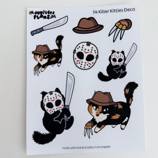 Killer Kitties Decorative Sticker Sheet | Summerween Halloween Cat Stickers for Planners, Journals | Freddy Krueger Jason Voorhees Friday the 13th