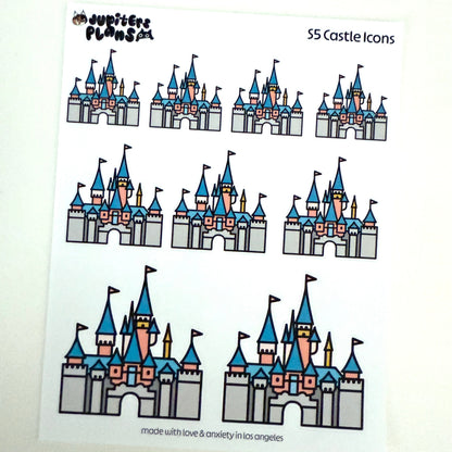 Disney Castle Sticker Sheets | Cute Doodle Icon Planner Stickers for Disneyland 70th Anniversary, Sleeping Beauty Castle Journal, Scrapbook