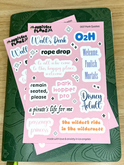 Disney Park Quotes Sticker Sheet | Magical Quotes from Disneyland Rides, Park Days for Planners, Scrapbook, Journal, Notebooks