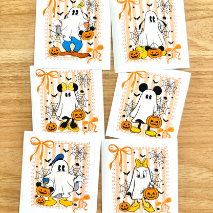 Die cut sticker bundle with Mickey and friends dressed as ghosts for Halloween or Summerween! Background of each sticker is a coquette aesthetic with light orange stripes and bows. 