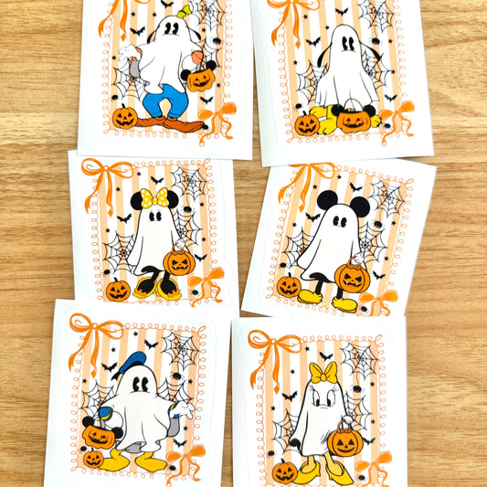 Die cut sticker bundle with Mickey and friends dressed as ghosts for Halloween or Summerween! Background of each sticker is a coquette aesthetic with light orange stripes and bows. 