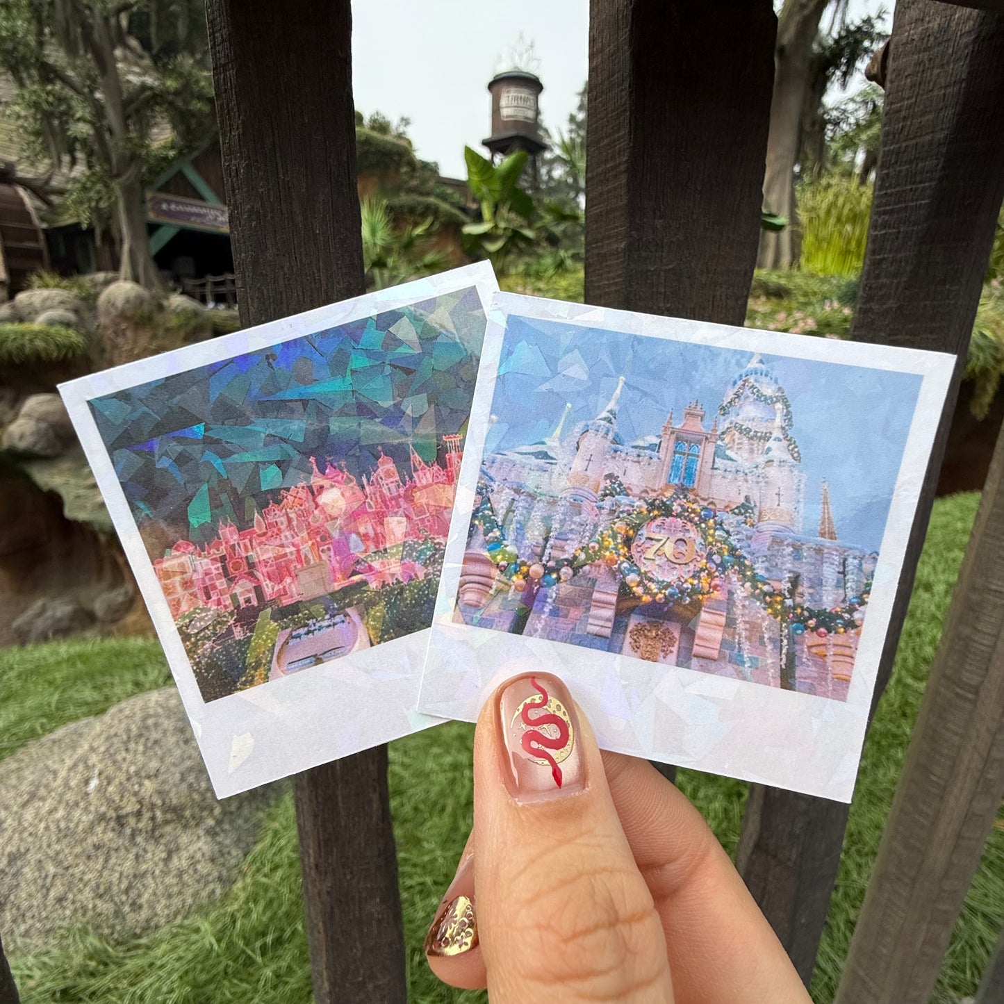 Disneyland Holiday Glitter Die Cut Stickers - Castle and Small World Polaroid Style (Set of 2)