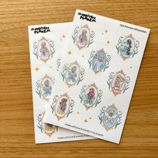 Princess Silhouettes Sticker Sheet | Decorative Stickers for Planners, Scrapbooks, Journals