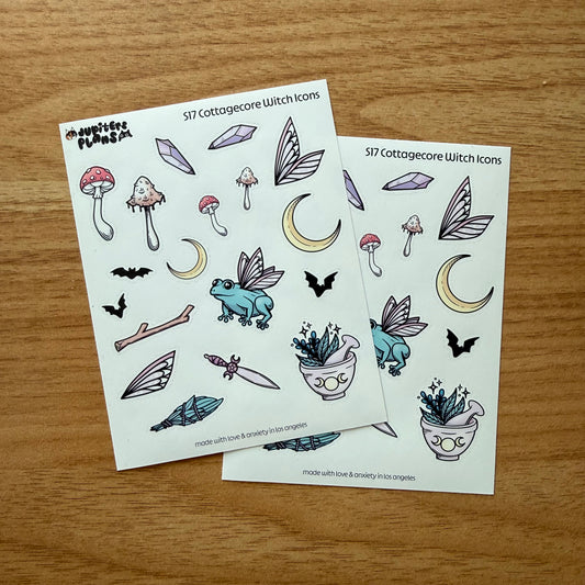 Cottagecore Witch Icons Decorative Sticker Sheet | Crystals, Frog, Sage, Spring Stickers for Planners, Scrapbooks and Journals