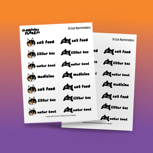 Jupiter + Midnight Cat Reminder Stickers | Cute Sassy Cats Paper Planner Reminder Stickers | Food, Litter Box, Water | Functional Stickers