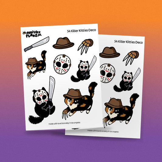 Killer Kitties Decorative Sticker Sheet | Summerween Halloween Cat Stickers for Planners, Journals | Freddy Krueger Jason Voorhees Friday the 13th