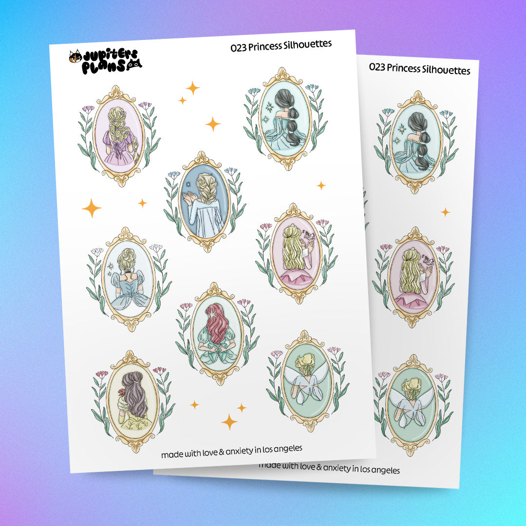 Princess Silhouettes Sticker Sheet | Decorative Stickers for Planners, Scrapbooks, Journals